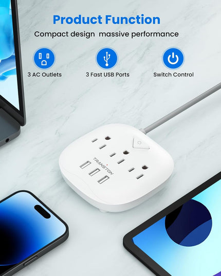 Power Strip 3 Outlets and 3 USB Ports with Switch Control, Desktop Charging Station with 5 Ft Extension Cord, Compact for Nightstand, Office and Travel - White