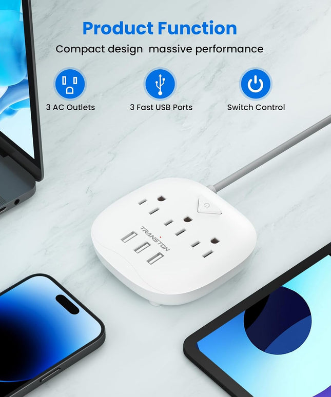 Power Strip 3 Outlets and 3 USB Ports with Switch Control, Desktop Charging Station with 5 Ft Extension Cord, Compact for Nightstand, Office and Travel - White
