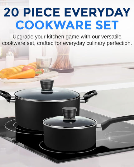 Kitchenware Pots & Pans Basic Kitchen Cookware, Black Non-Stick Coating Inside, Heat Resistant Lacquer (20-Piece Set), One Size