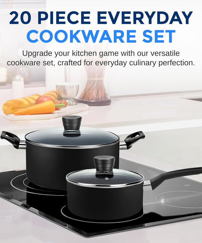 Kitchenware Pots & Pans Basic Kitchen Cookware, Black Non-Stick Coating Inside, Heat Resistant Lacquer (20-Piece Set), One Size
