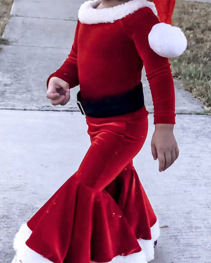Winter Christmas Long-sleeved Shirt Bell Bottoms Hat Three-piece Children's Clothing