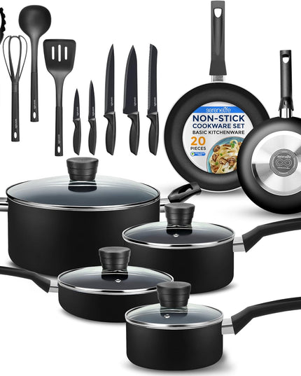 Kitchenware Pots & Pans Basic Kitchen Cookware, Black Non-Stick Coating Inside, Heat Resistant Lacquer (20-Piece Set), One Size