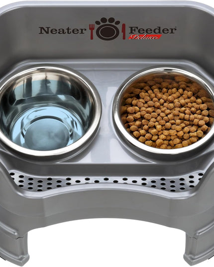 Neater Feeder Deluxe Mess Proof Dog Bowls Elevated Medium Sized Dogs (19-40 Lbs) Made in USA, No Spill Raised Dog Food Bowl Stand W/Leg Extension, Stainless Steel Food and Water Bowl Set, Grey