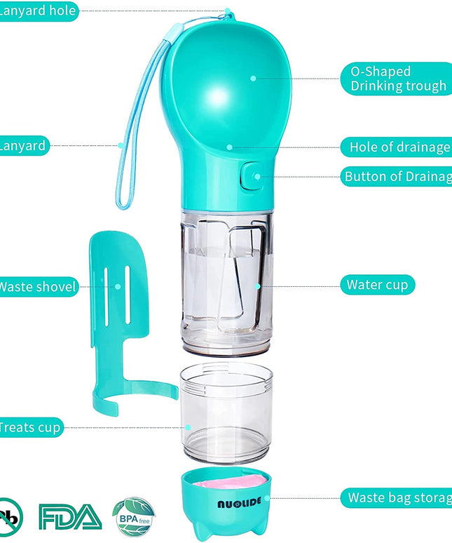 Dog Water Bottles for Walking, 4 in 1 Portable Pet Water Bottle Dispenser Leakproof Dog Travel Water Bottle with Food Container & Waste Bag, Dog Accessories for Outdoor Hiking,19Oz(Lake-Blue)