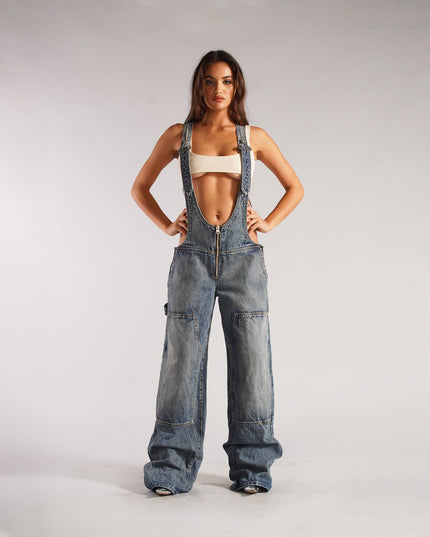 Denim Overalls with Pockets Fashion Loose Suspender Jumpsuit Streetwear Jeans Pants