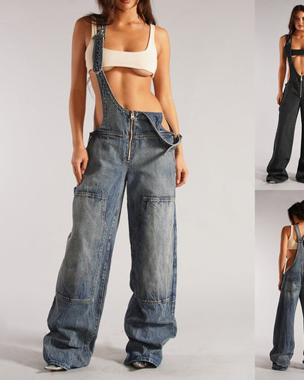 Denim Overalls with Pockets Fashion Loose Suspender Jumpsuit Streetwear Jeans Pants