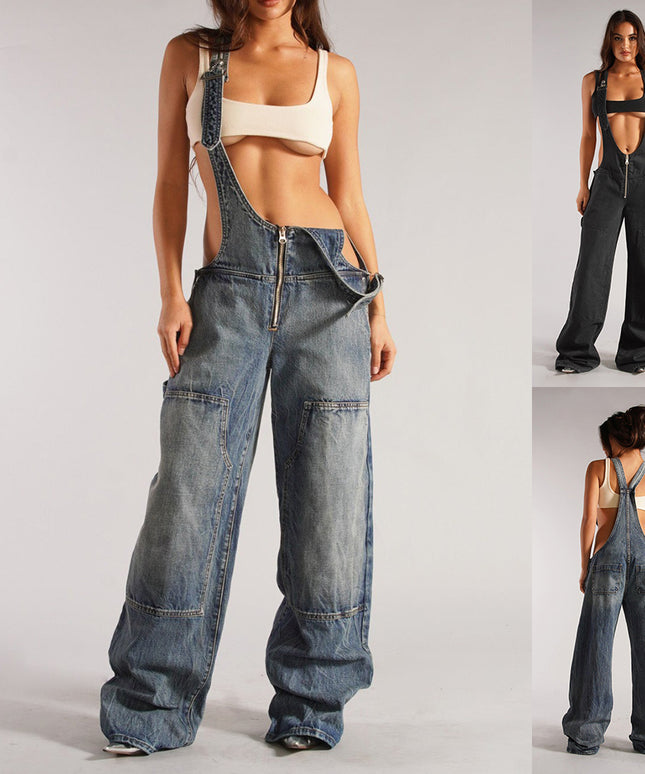 Denim Overalls with Pockets Fashion Loose Suspender Jumpsuit Streetwear Jeans Pants