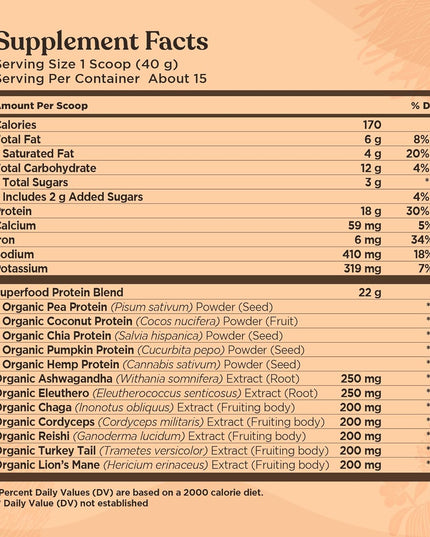 Organic Plant-Based Protein Powder Creamy Cacao Protein with Lion’S Mane, Chaga, Cordyceps and More | Clean Vegan Protein Elevated for Brain Function and Immune Support | 21.16 Oz