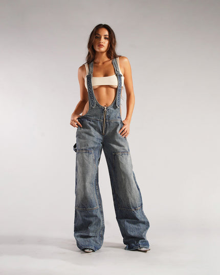 Denim Overalls with Pockets Fashion Loose Suspender Jumpsuit Streetwear Jeans Pants