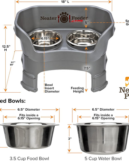 Neater Feeder Deluxe Mess Proof Dog Bowls Elevated Medium Sized Dogs (19-40 Lbs) Made in USA, No Spill Raised Dog Food Bowl Stand W/Leg Extension, Stainless Steel Food and Water Bowl Set, Grey