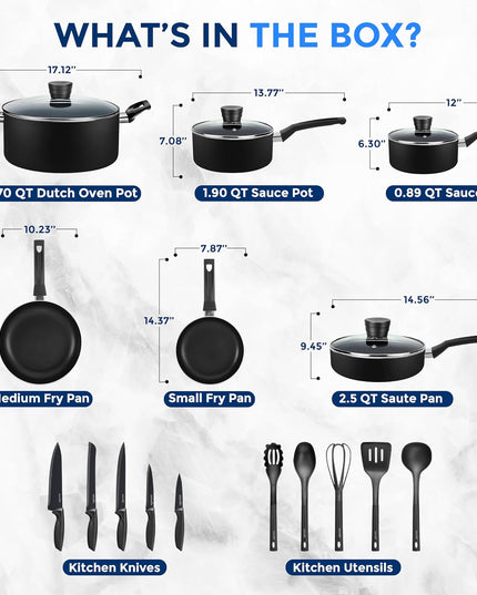Kitchenware Pots & Pans Basic Kitchen Cookware, Black Non-Stick Coating Inside, Heat Resistant Lacquer (20-Piece Set), One Size