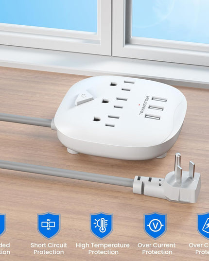 Power Strip 3 Outlets and 3 USB Ports with Switch Control, Desktop Charging Station with 5 Ft Extension Cord, Compact for Nightstand, Office and Travel - White