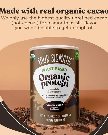 Organic Plant-Based Protein Powder Creamy Cacao Protein with Lion’S Mane, Chaga, Cordyceps and More | Clean Vegan Protein Elevated for Brain Function and Immune Support | 21.16 Oz