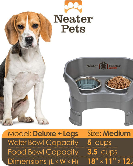 Neater Feeder Deluxe Mess Proof Dog Bowls Elevated Medium Sized Dogs (19-40 Lbs) Made in USA, No Spill Raised Dog Food Bowl Stand W/Leg Extension, Stainless Steel Food and Water Bowl Set, Grey