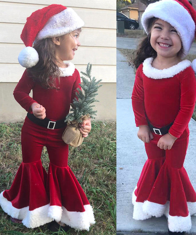 Winter Christmas Long-sleeved Shirt Bell Bottoms Hat Three-piece Children's Clothing