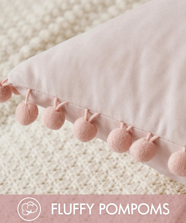 Decorative Pillow Covers 18X18 Pink Throw Pillows Pack of 2 Cozy Soft Pom-Poms Velvet Couch Pillow Covers Home Decor for Farmhouse Cushion Sofa Bedroom