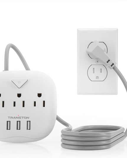 Power Strip 3 Outlets and 3 USB Ports with Switch Control, Desktop Charging Station with 5 Ft Extension Cord, Compact for Nightstand, Office and Travel - White