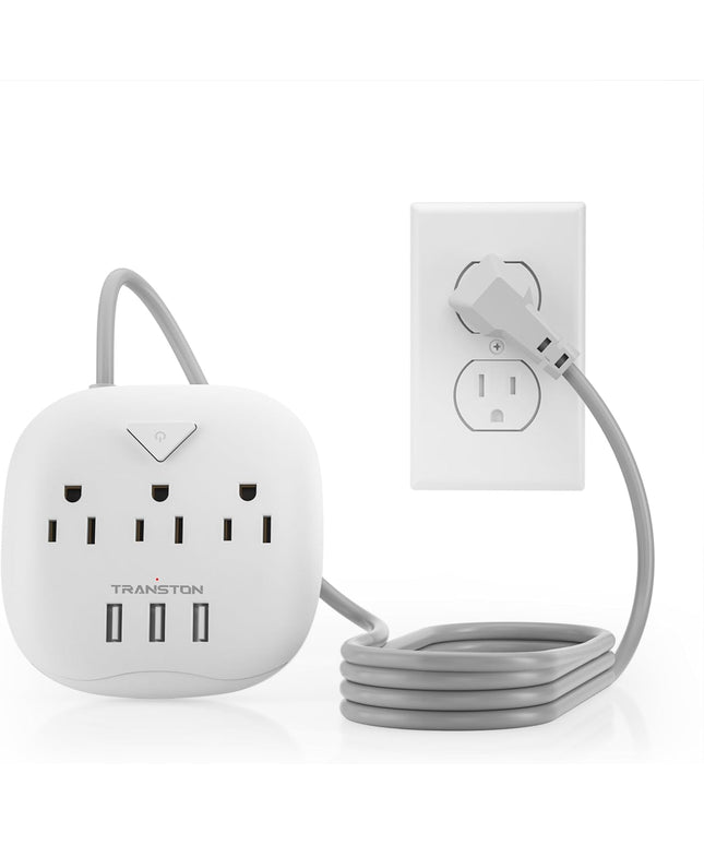 Power Strip 3 Outlets and 3 USB Ports with Switch Control, Desktop Charging Station with 5 Ft Extension Cord, Compact for Nightstand, Office and Travel - White