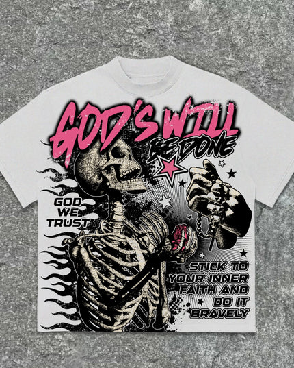 American Retro God'S Will Skull Retro Pattern Cotton T-Shirt Printed Graphic Men and Women Y2K Oversized T-Shirt Street Wear