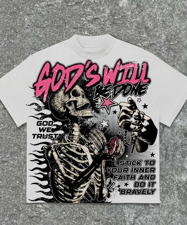 American Retro God'S Will Skull Retro Pattern Cotton T-Shirt Printed Graphic Men and Women Y2K Oversized T-Shirt Street Wear