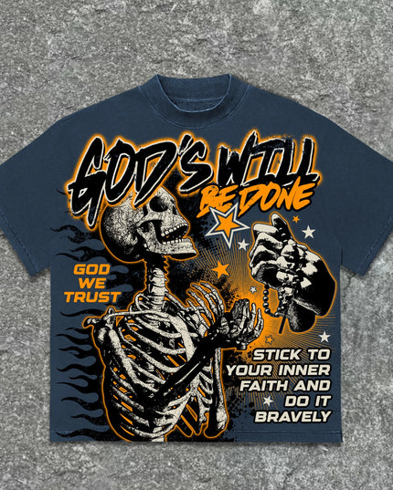 American Retro God'S Will Skull Retro Pattern Cotton T-Shirt Printed Graphic Men and Women Y2K Oversized T-Shirt Street Wear