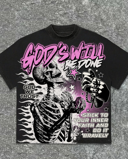 American Retro God'S Will Skull Retro Pattern Cotton T-Shirt Printed Graphic Men and Women Y2K Oversized T-Shirt Street Wear