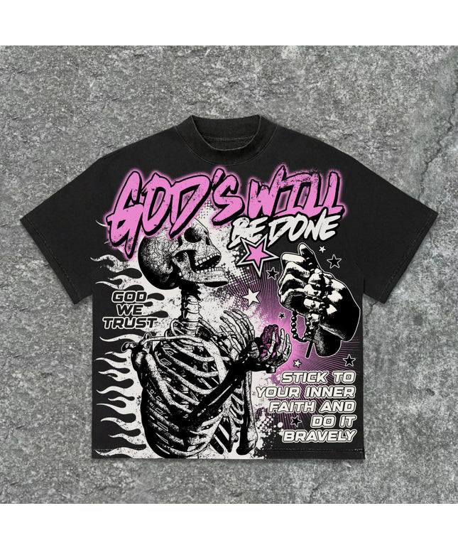 American Retro God'S Will Skull Retro Pattern Cotton T-Shirt Printed Graphic Men and Women Y2K Oversized T-Shirt Street Wear