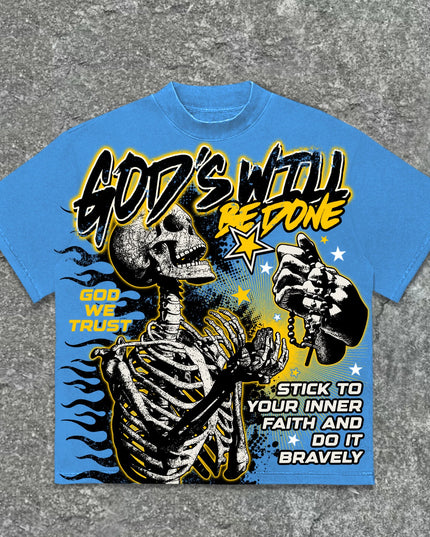 American Retro God'S Will Skull Retro Pattern Cotton T-Shirt Printed Graphic Men and Women Y2K Oversized T-Shirt Street Wear