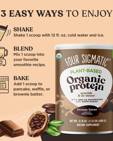 Organic Plant-Based Protein Powder Creamy Cacao Protein with Lion’S Mane, Chaga, Cordyceps and More | Clean Vegan Protein Elevated for Brain Function and Immune Support | 21.16 Oz