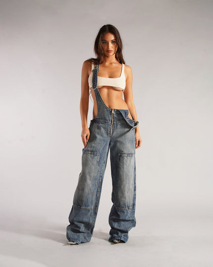 Denim Overalls with Pockets Fashion Loose Suspender Jumpsuit Streetwear Jeans Pants