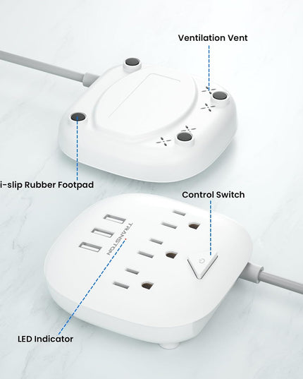 Power Strip 3 Outlets and 3 USB Ports with Switch Control, Desktop Charging Station with 5 Ft Extension Cord, Compact for Nightstand, Office and Travel - White