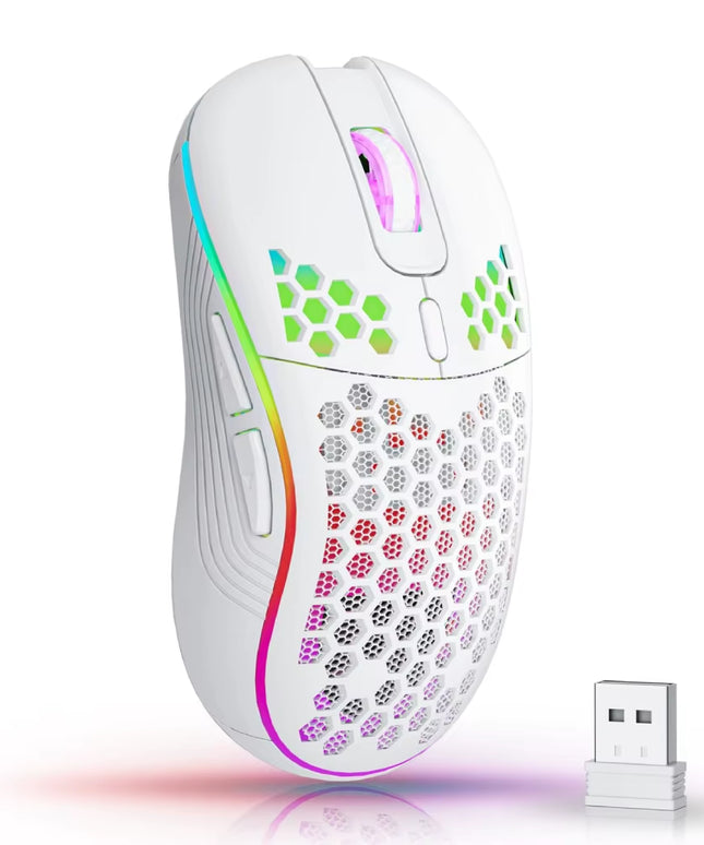 2.4G Wireless Mouse with RGB Backlit 6-Button 3-Speed DPI Type C Rechargeable Ergonomic Honeycomb Design Gaming Mouse