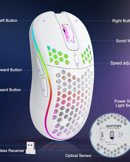 2.4G Wireless Mouse with RGB Backlit 6-Button 3-Speed DPI Type C Rechargeable Ergonomic Honeycomb Design Gaming Mouse