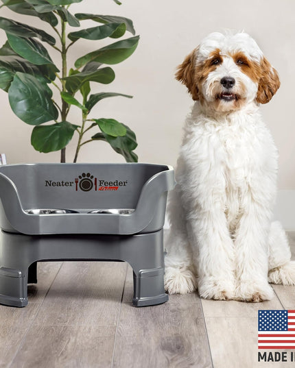 Neater Feeder Deluxe Mess Proof Dog Bowls Elevated Medium Sized Dogs (19-40 Lbs) Made in USA, No Spill Raised Dog Food Bowl Stand W/Leg Extension, Stainless Steel Food and Water Bowl Set, Grey