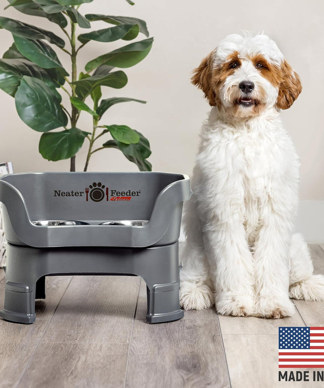 Neater Feeder Deluxe Mess Proof Dog Bowls Elevated Medium Sized Dogs (19-40 Lbs) Made in USA, No Spill Raised Dog Food Bowl Stand W/Leg Extension, Stainless Steel Food and Water Bowl Set, Grey