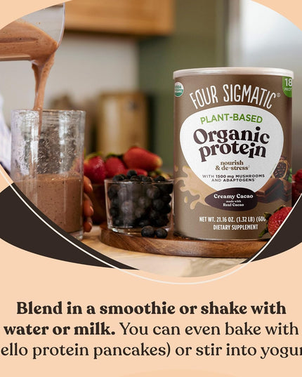 Organic Plant-Based Protein Powder Creamy Cacao Protein with Lion’S Mane, Chaga, Cordyceps and More | Clean Vegan Protein Elevated for Brain Function and Immune Support | 21.16 Oz