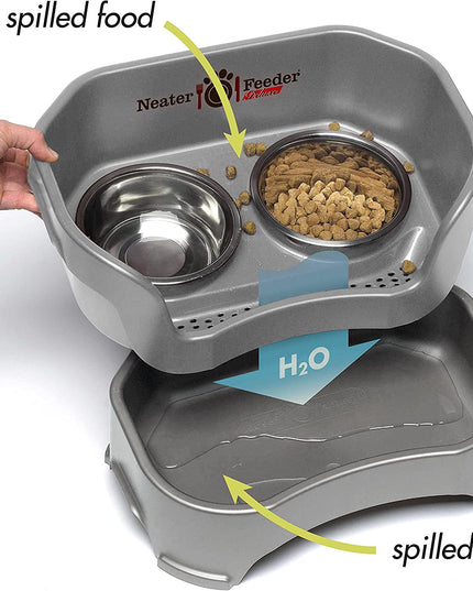 Neater Feeder Deluxe Mess Proof Dog Bowls Elevated Medium Sized Dogs (19-40 Lbs) Made in USA, No Spill Raised Dog Food Bowl Stand W/Leg Extension, Stainless Steel Food and Water Bowl Set, Grey