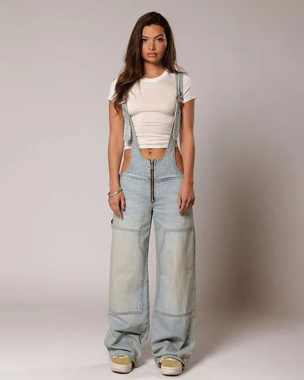 Denim Overalls with Pockets Fashion Loose Suspender Jumpsuit Streetwear Jeans Pants