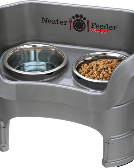 Neater Feeder Deluxe Mess Proof Dog Bowls Elevated Medium Sized Dogs (19-40 Lbs) Made in USA, No Spill Raised Dog Food Bowl Stand W/Leg Extension, Stainless Steel Food and Water Bowl Set, Grey