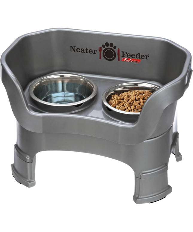 Neater Feeder Deluxe Mess Proof Dog Bowls Elevated Medium Sized Dogs (19-40 Lbs) Made in USA, No Spill Raised Dog Food Bowl Stand W/Leg Extension, Stainless Steel Food and Water Bowl Set, Grey