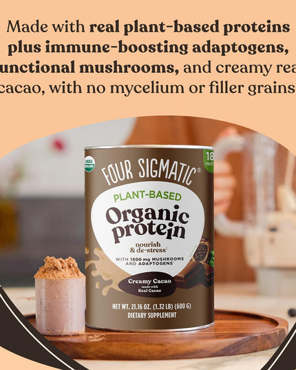 Organic Plant-Based Protein Powder Creamy Cacao Protein with Lion’S Mane, Chaga, Cordyceps and More | Clean Vegan Protein Elevated for Brain Function and Immune Support | 21.16 Oz